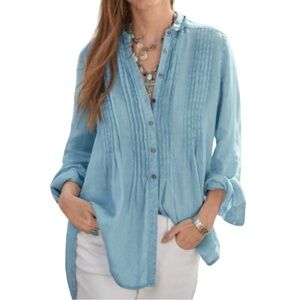 Sundance Katina Blue Button Down Shirt Pintuck Tunic Length Linen Sz L